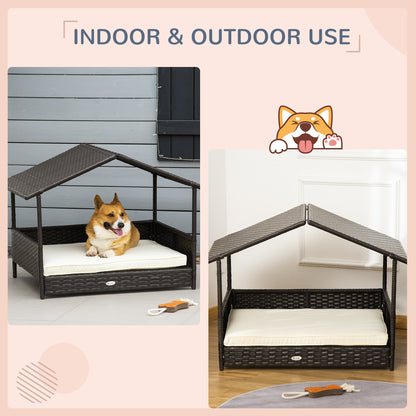 Elevated Rattan Dog House Outdoor with Canopy, Wicker Dog Bed with Water-Resistant Cushion, for Small and Medium Dogs Cr