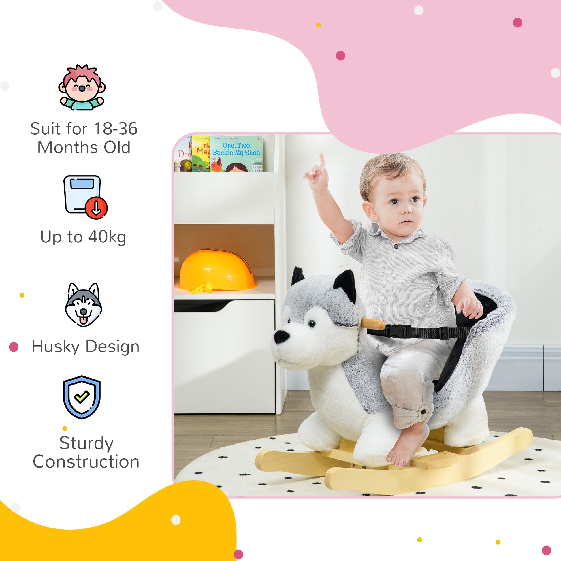 Qaba Baby Rocking Horse, Plush Animal Rocker for Toddlers Aged 18-36 Months, Stuffed Ride Toy with Sounds, Seat Belt, Gr