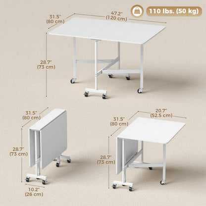 Six-Seater Drop-Leaf Dining Table with Wheels, White