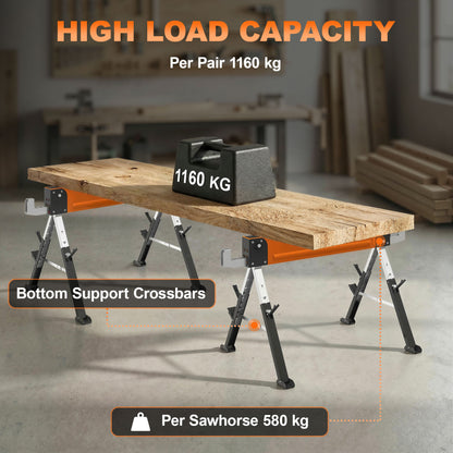 Saw Horses 2 Pack, Folding Heavy Duty Sawhorses with Adjustable Height and 2x6 Bracket, Carry Handle, Orange