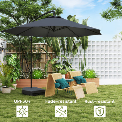 10FT Cantilever Umbrella with Fillable Base, Wind Strap and Cover, Offset Hanging Umbrella with Crank, UPF50+, Grey