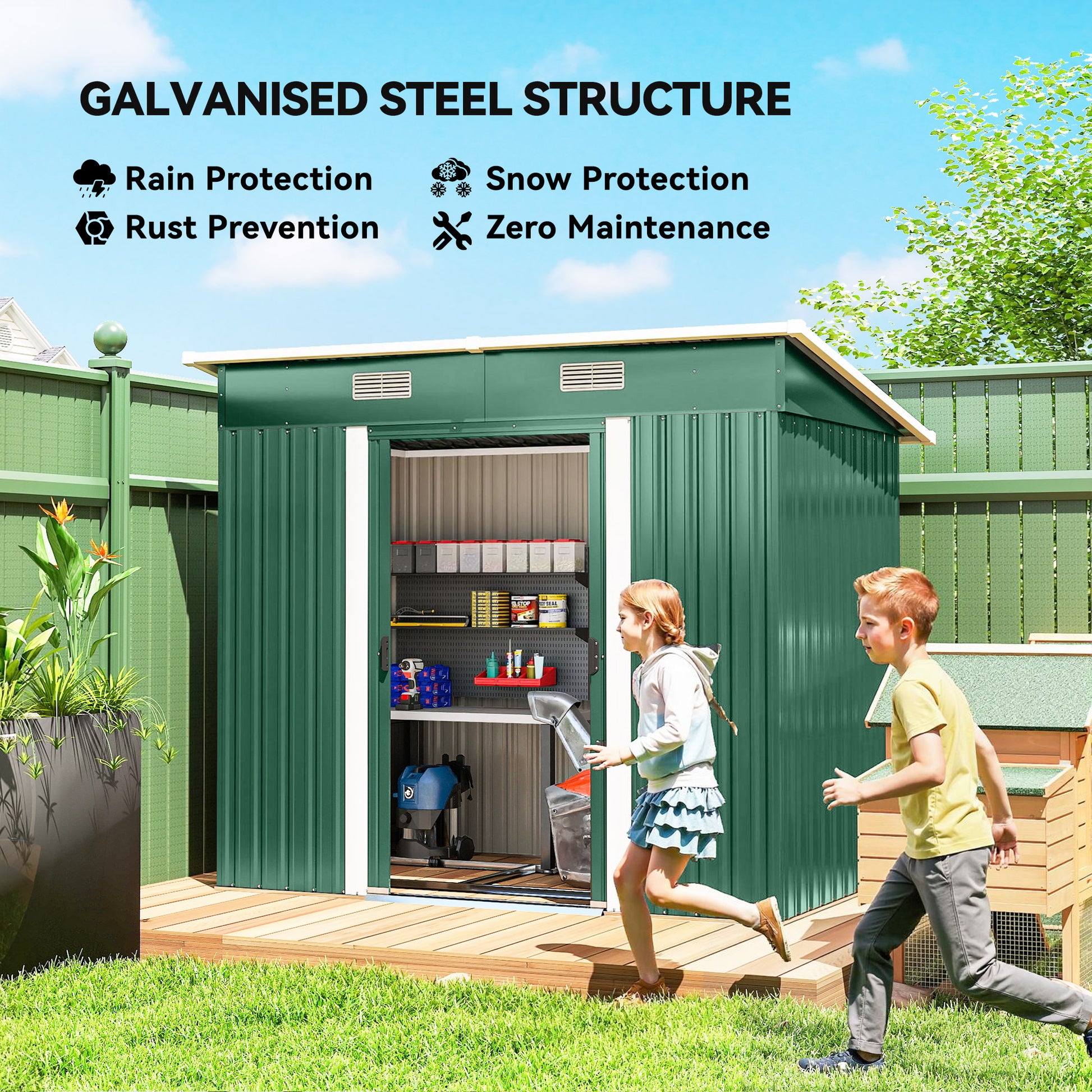 7'x 4' Metal Patio Storage Shed Garden Lockable Shed Tool Utility Storage Unit, Green
