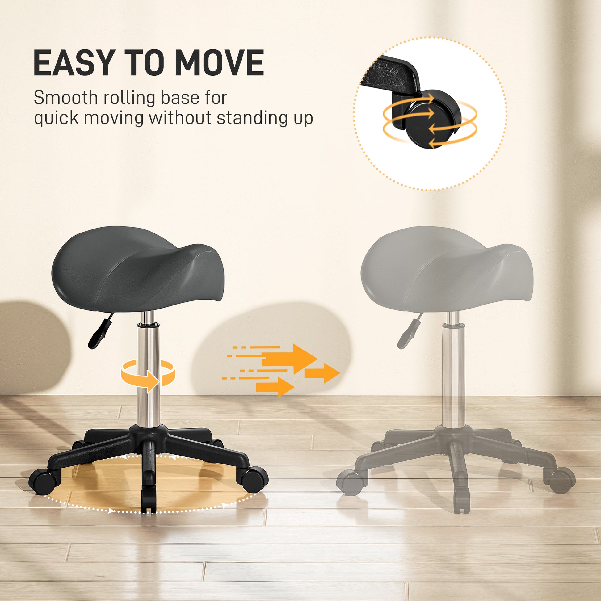 Saddle Stool, Adjustable Rolling Stool, Grey