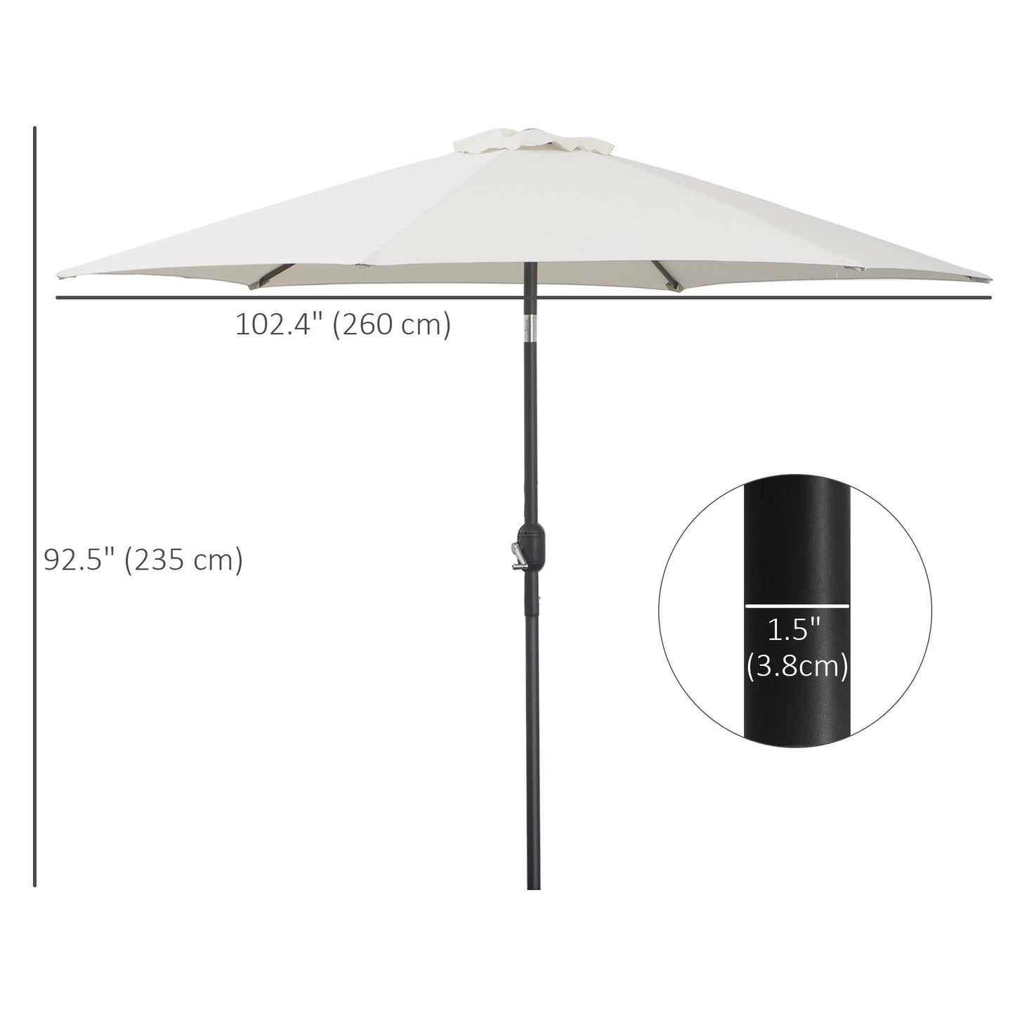 8.5' Round Aluminum Patio Umbrella 6 Ribs Market Sunshade Tilt Canopy w/ Crank Handle Garden Parasol Cream White