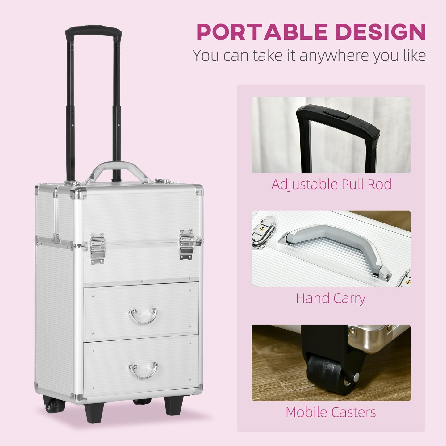 Aluminum Rolling Makeup Case, Portable Professional Cosmetic Makeup Case, Lockable Traveling Cart Trunk with Folding Tra