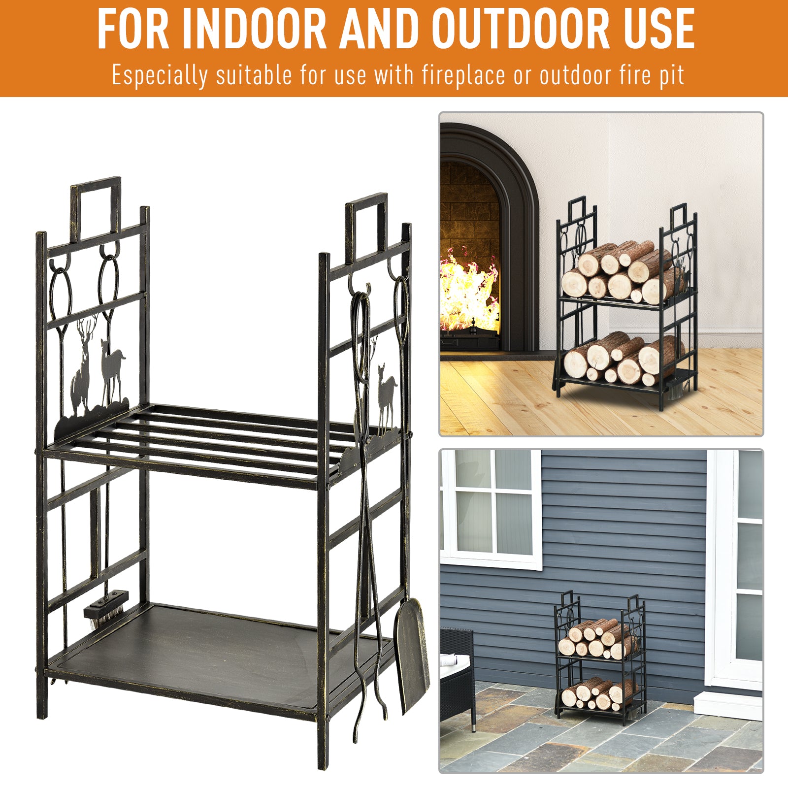 20.25" x 13" x 30.25" 2-Layer Heavy Duty Firewood Rack Wood Log Fireplace Stacker  w/ 4 Tools, Black and Gold
