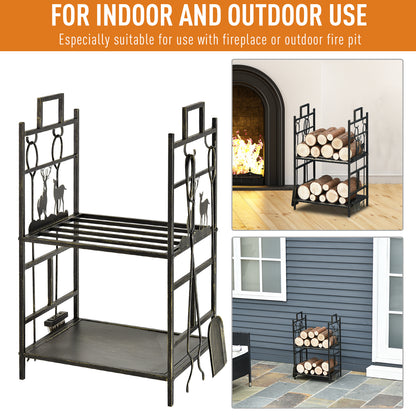 20.25" x 13" x 30.25" 2-Layer Heavy Duty Firewood Rack Wood Log Fireplace Stacker  w/ 4 Tools, Black and Gold
