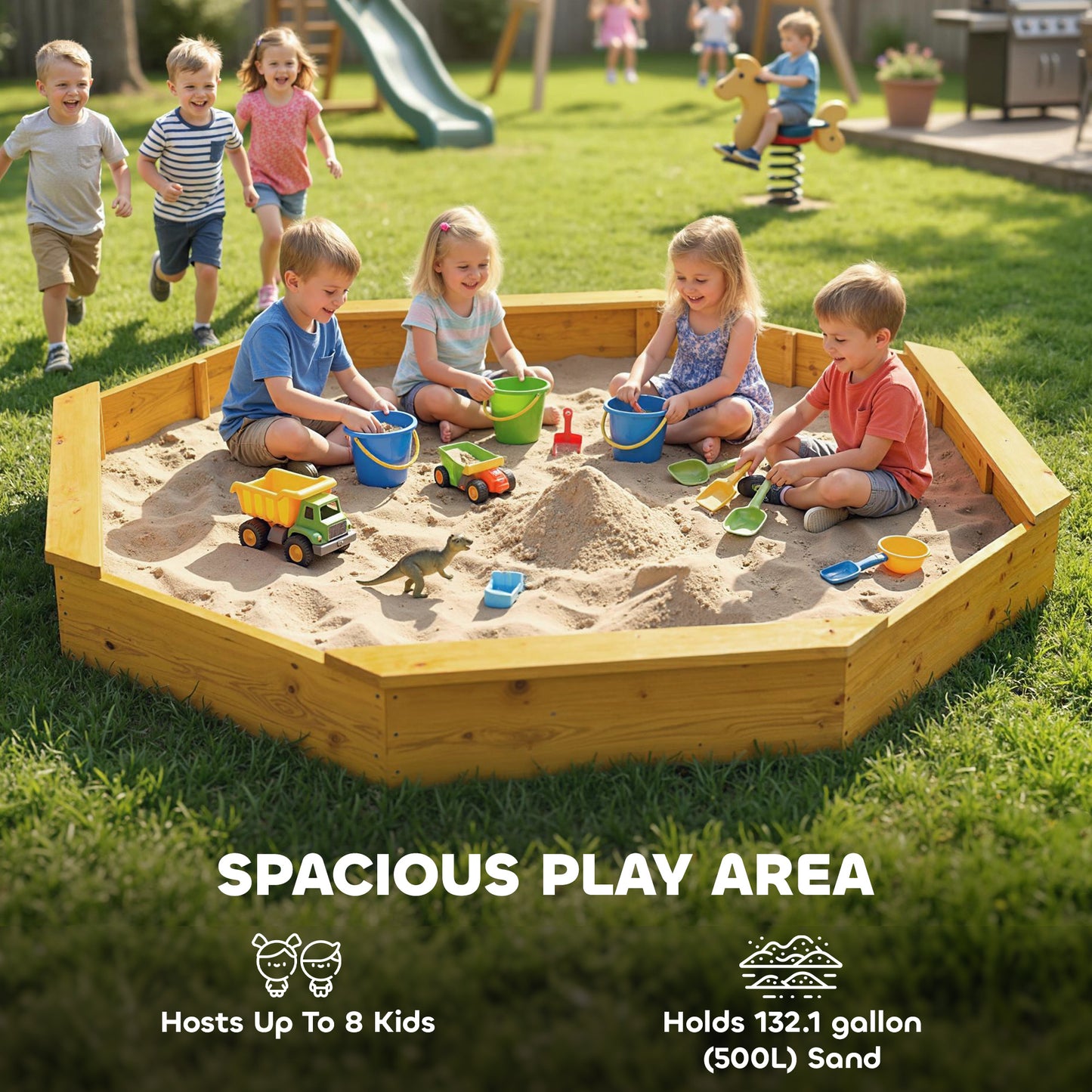 Qaba Wooden Kids Wooden Sandbox with Large Canopy, Outdoor Sand Box with 4 Bench Seats, Bottom Liner for Aged 3-8, Yello