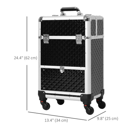 Portable Aluminum Makeup Train Cases, Rolling Makeup Case, Salon Beauty Cosmetic Jewelry Organizer Trolley with 4 Wheels