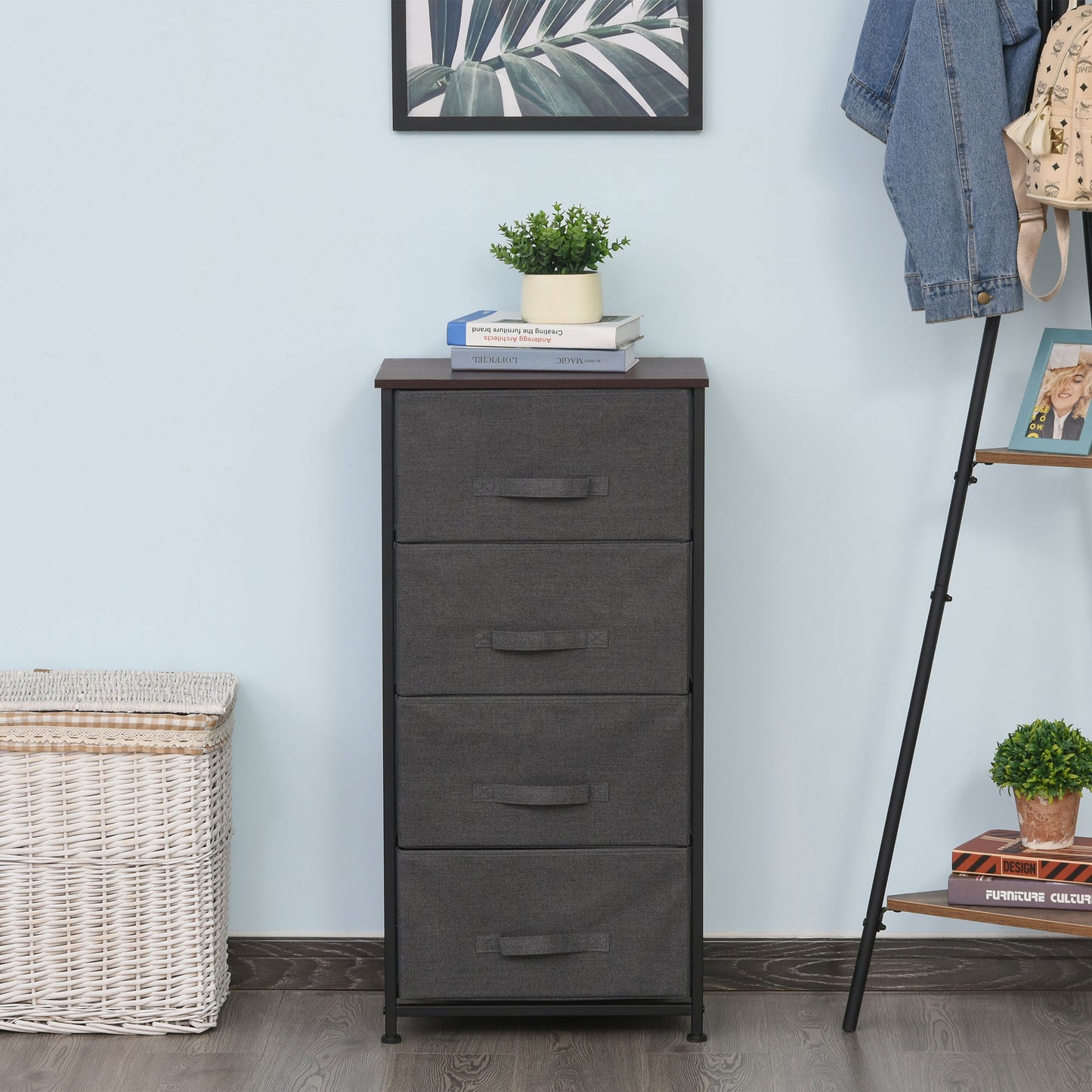 Linen Drawer Cabinet Organizer Storage Dresser Tower with 4 Removable Drawer Metal Frame Adjustable Feet for Living Room