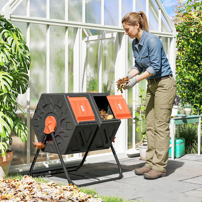 Rotating Composter, Dual Chamber Compost Bin with 24 Vents and Steel Legs, 34.5 Gallon, Orange