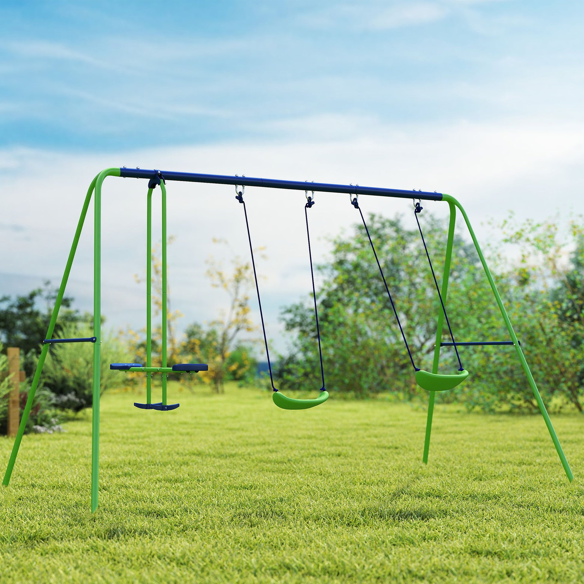 3 in 1 Metal Swing Set with Double Swings, Glider for Backyard, Outdoor, Playgroundt, Green