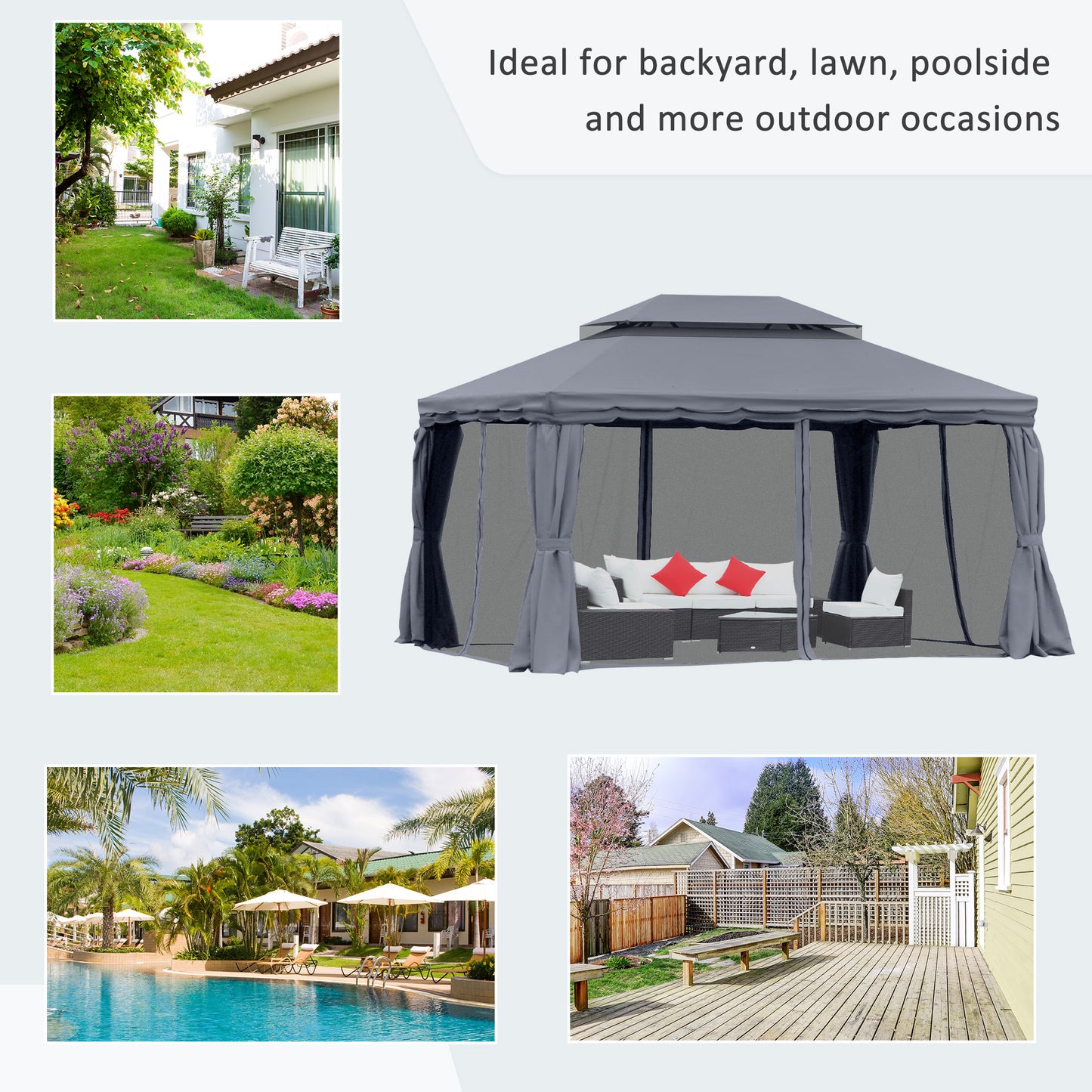 13' x 10' Patio Gazebo, Double Roof Outdoor Gazebo Canopy Shelter with Netting & Curtains, Strong Aluminum Frame, Dark G