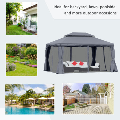 13' x 10' Patio Gazebo, Double Roof Outdoor Gazebo Canopy Shelter with Netting & Curtains, Strong Aluminum Frame, Dark G