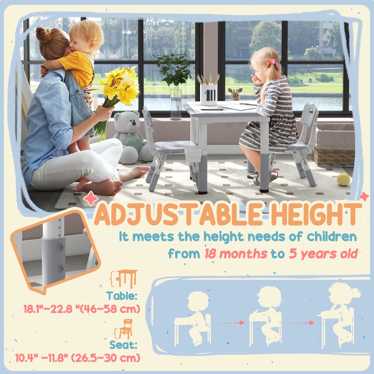 Qaba 3 Pieces Toddler Table and Chair Set, Height Adjustable Kids Table and Chair Set w/ Storage, for Playroom Grey