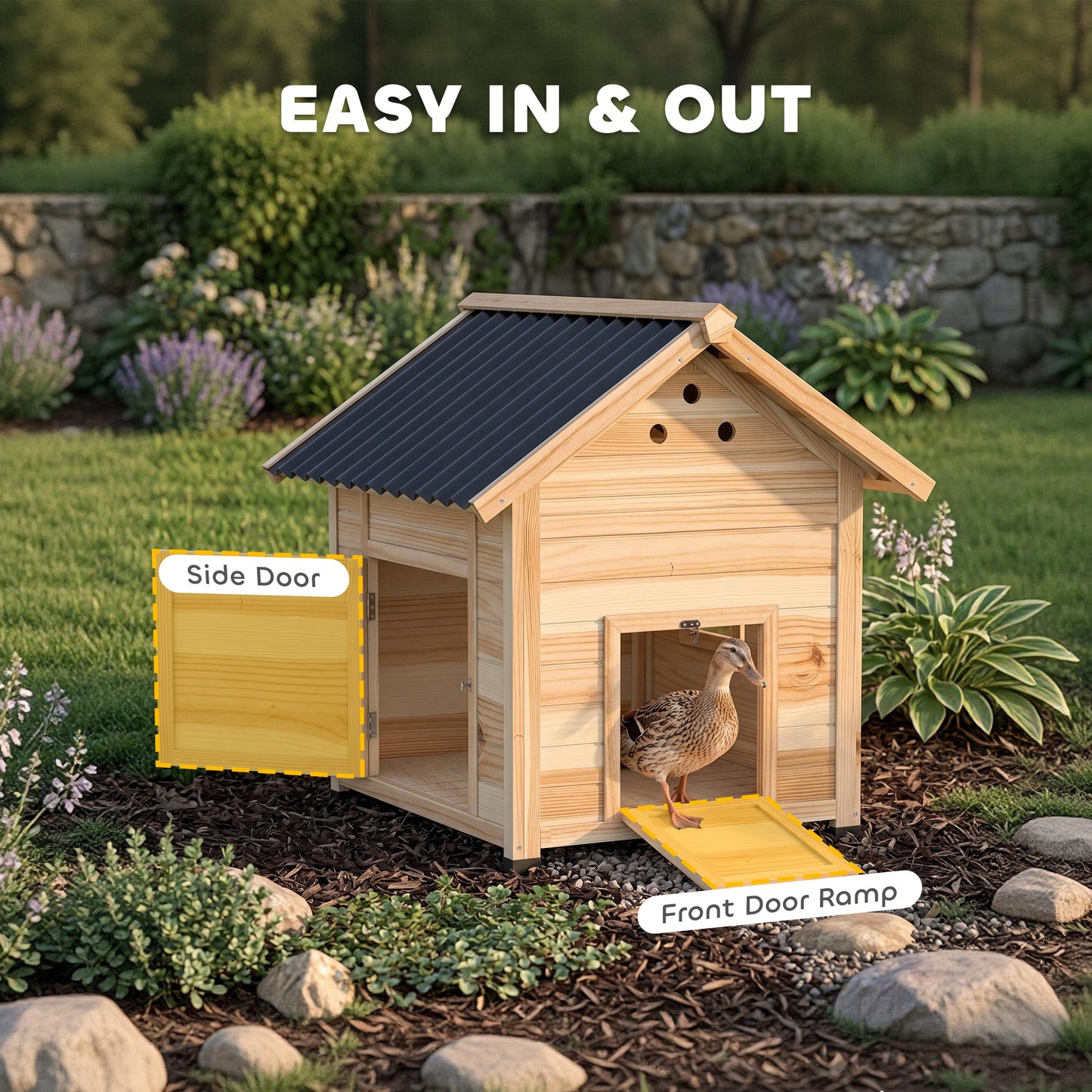 Duck Coop, Wooden Duck House with Openable Roof & Double Doors, Natural Wood