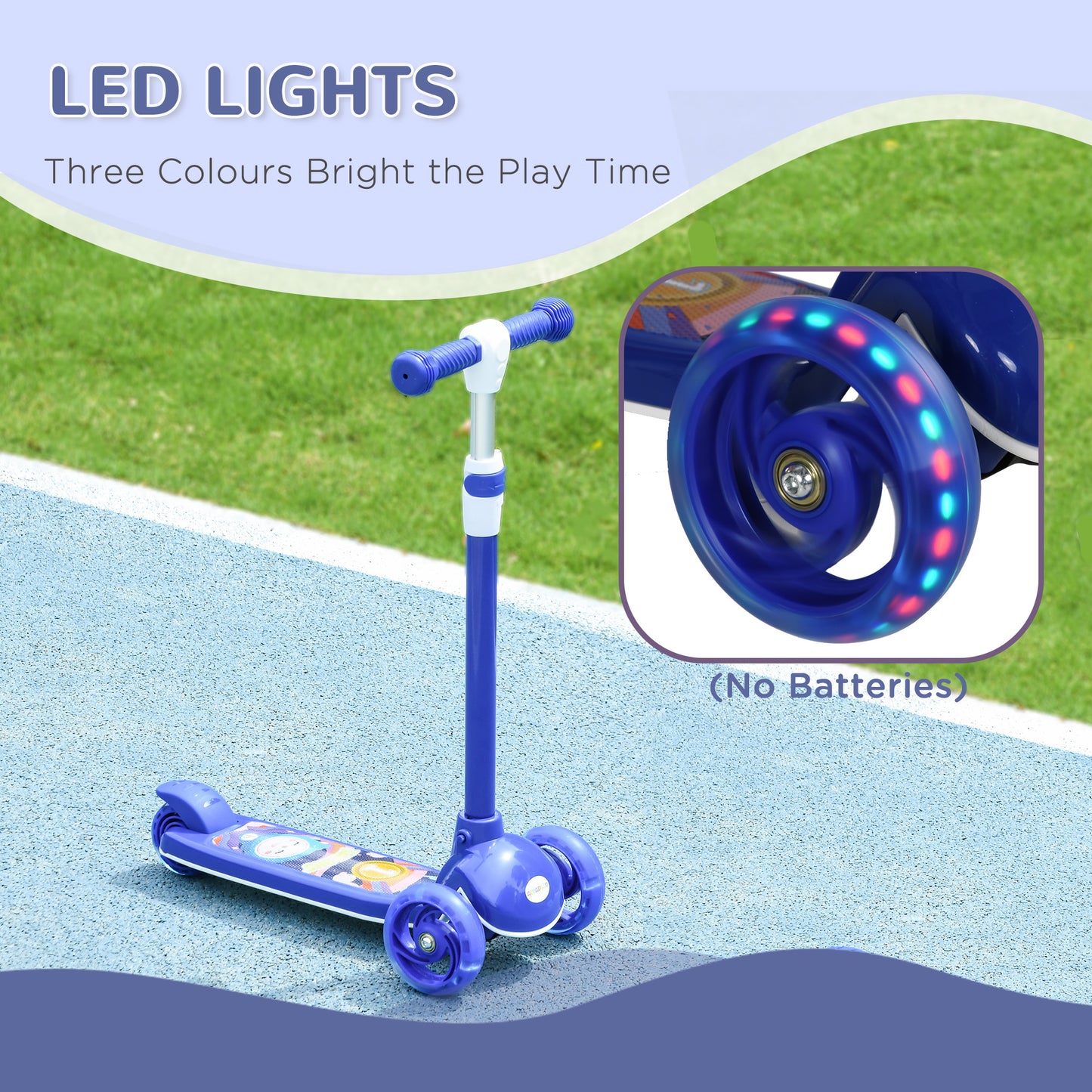 Qaba 3 Wheel Kids Scooter, Toddler Kick Scooter with Adjustable Height, Rear-Fender Brake, LED Light, TPE Handlebar, Blu