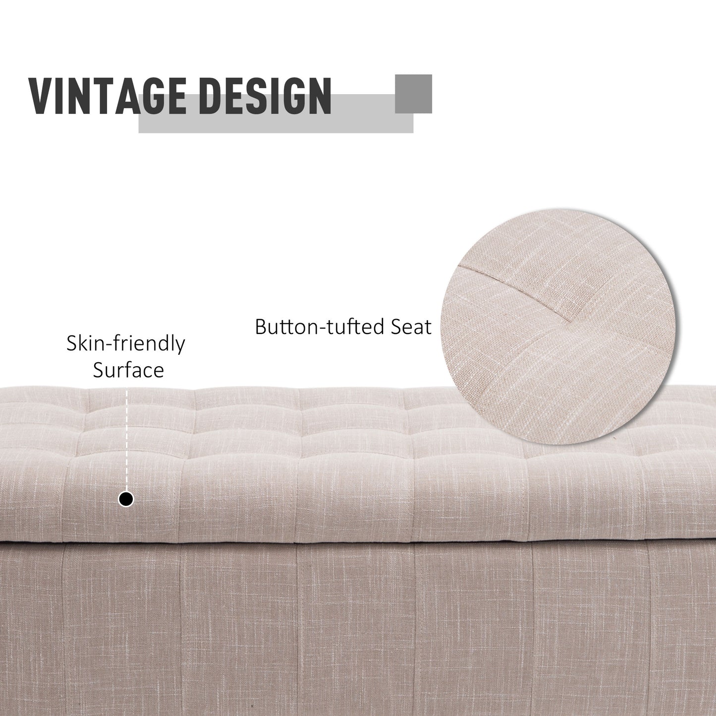 Storage Ottoman, Linen Fabric End of Bed Bench with Soft Close Lid, Button Tufted Storage Bench for Living Room, Entrywa