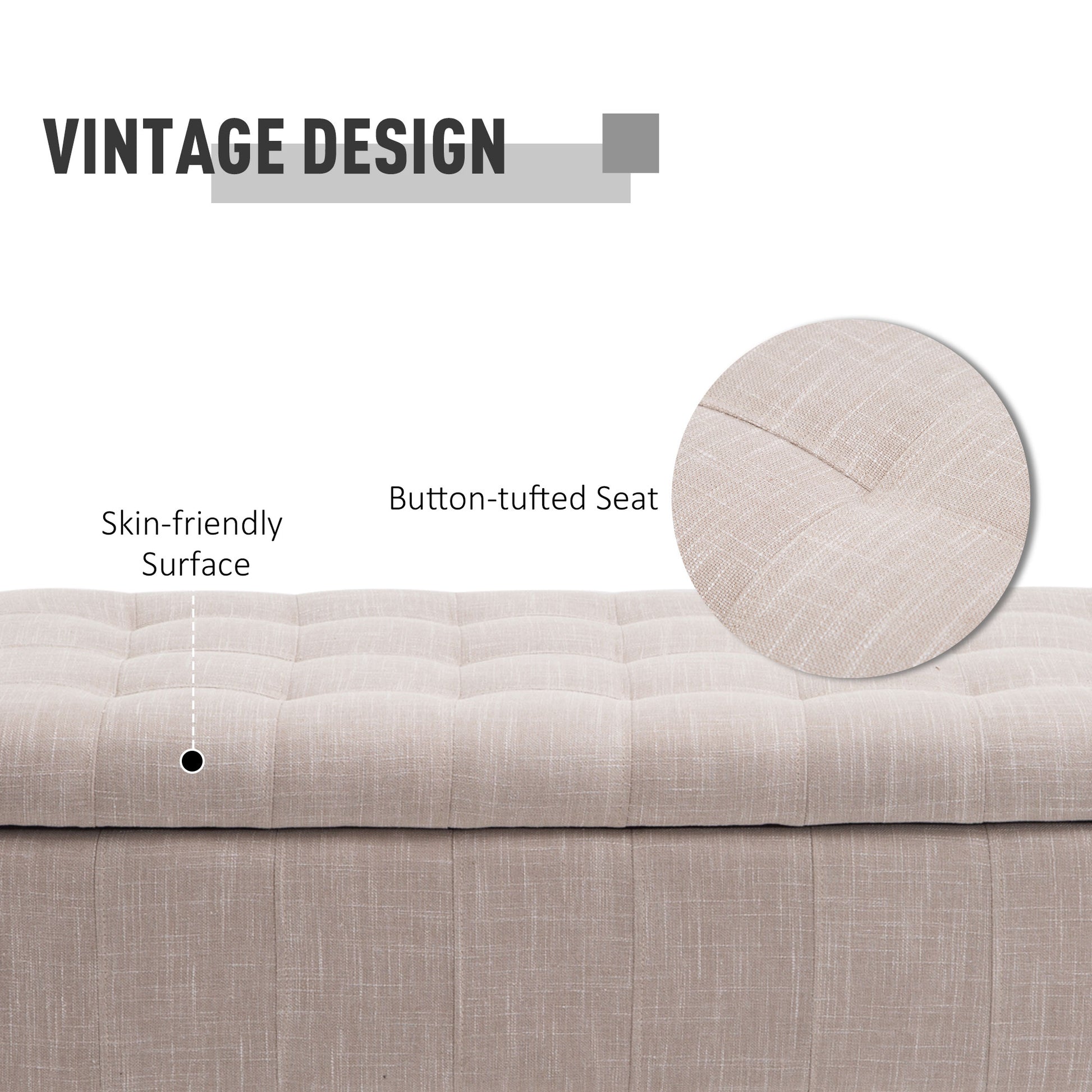 Storage Ottoman, Linen Fabric End of Bed Bench with Soft Close Lid, Button Tufted Storage Bench for Living Room, Entrywa