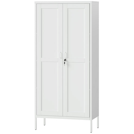 Office Storage Cabinet, Lockable Filing Cabinet with 3 Adjustable Shelves and 2 Doors for Home Office, Garage, White