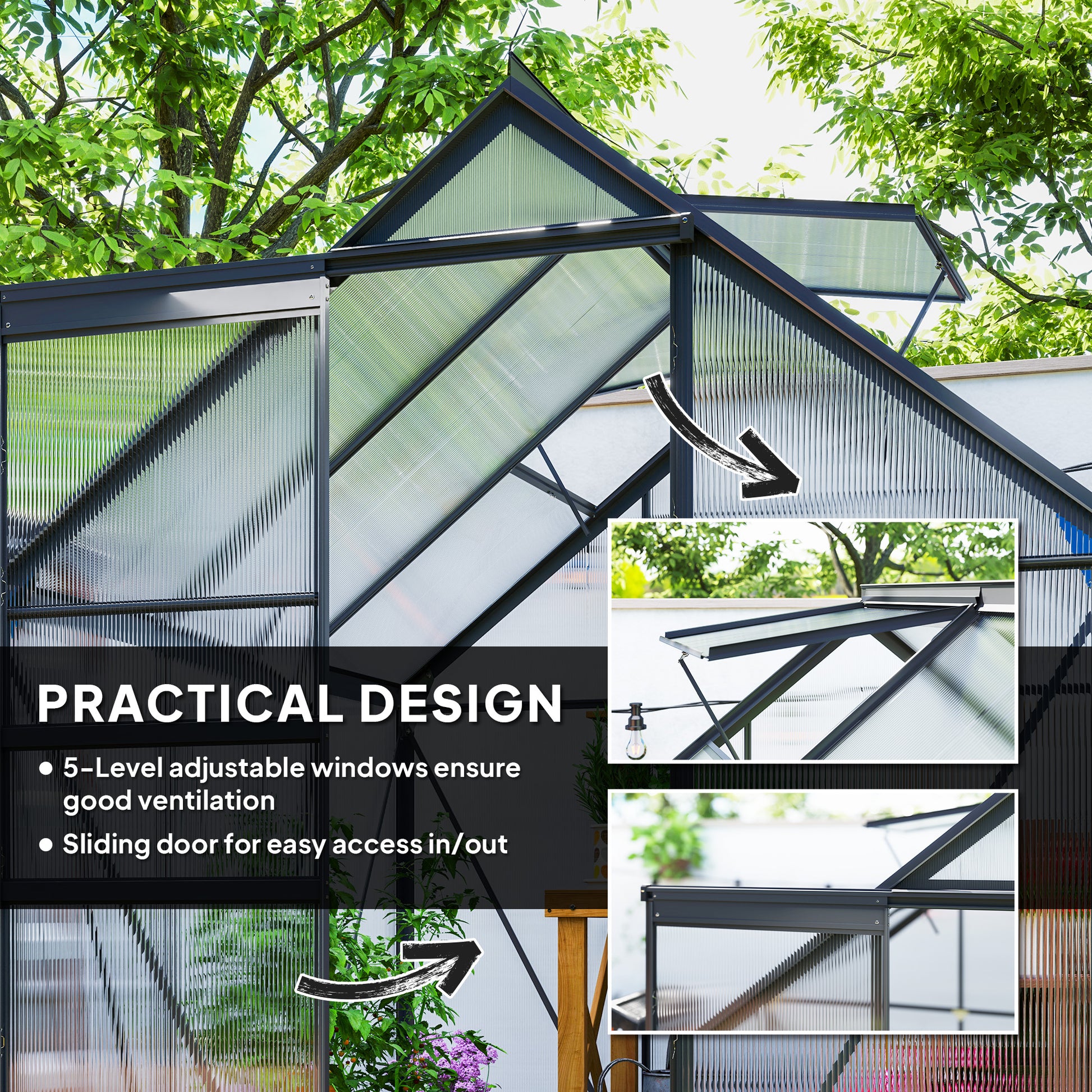 6' x 6' x 6.5' Polycarbonate Greenhouse, Walk-in Green House with Adjustable Roof Vent Galvanized Base Sliding Door Rain