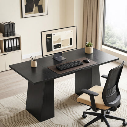 63 Inch Computer Desk with Trapezoidal Frame Light Black Wood Grain