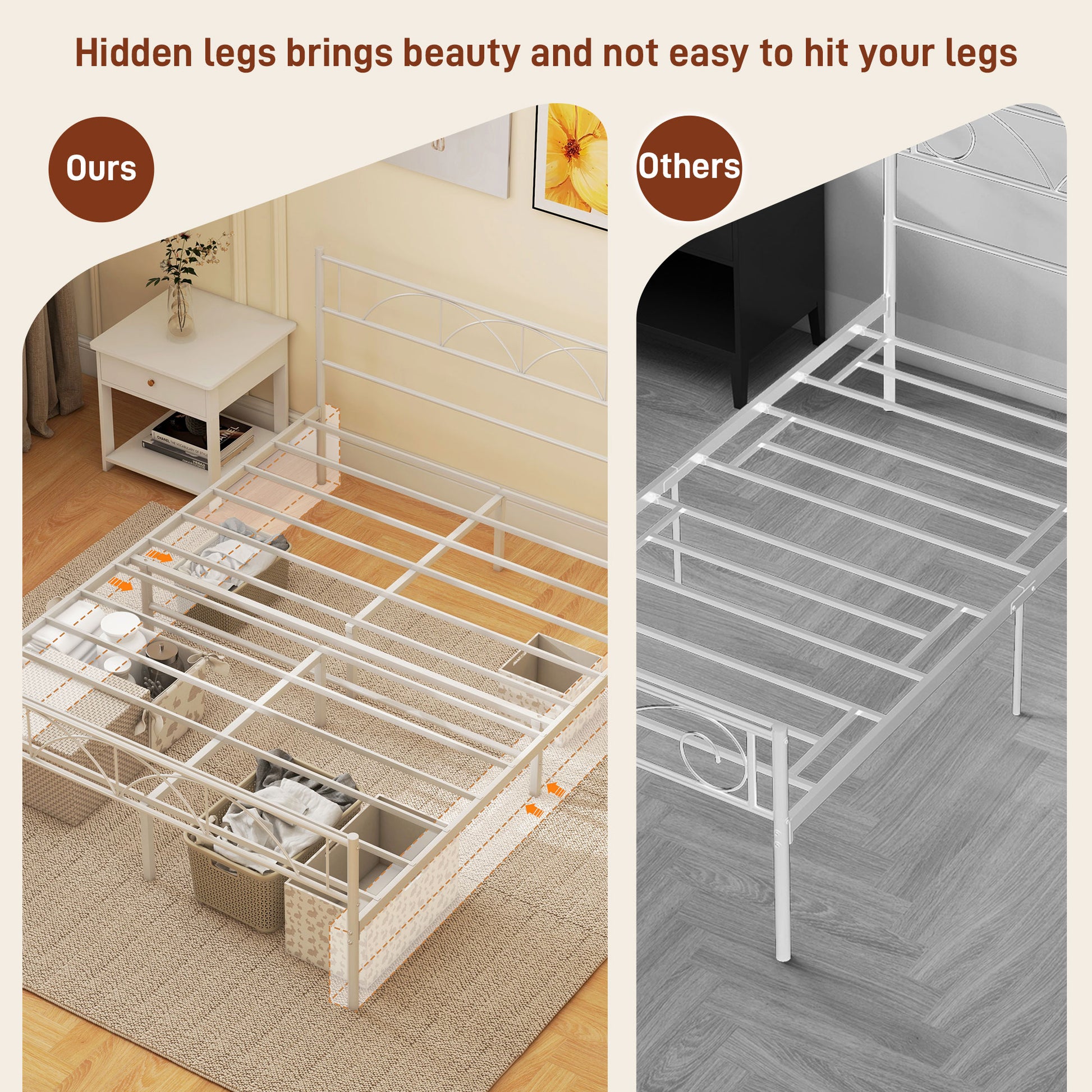 Metal Queen Platform Bed Frame with Headboard, Steel Slat Support, Underbed Storage, No Box Spring Needed, Easy Assembly