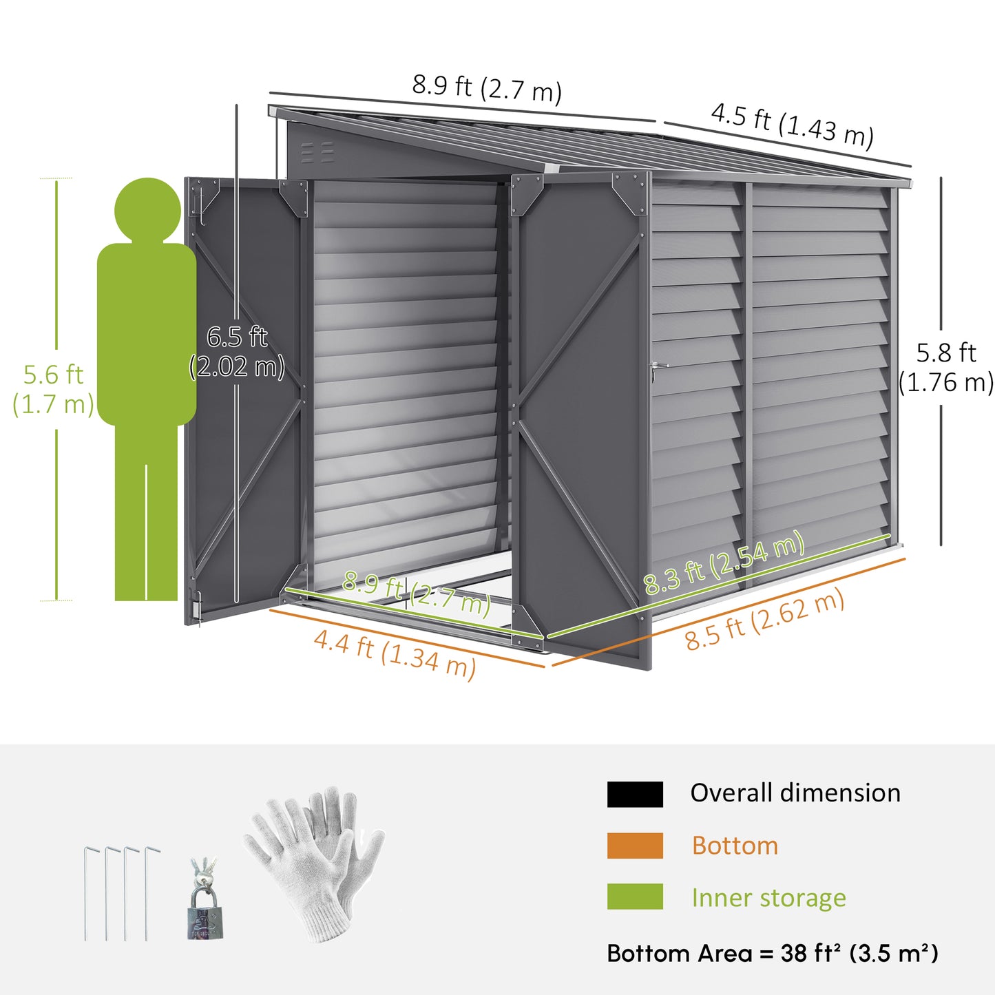 4.6' x 9' Steel Outdoor Storage Shed, Lean to Shed, Metal Tool House with Foundation Kit, Lockable Doors, Gloves and 2 A