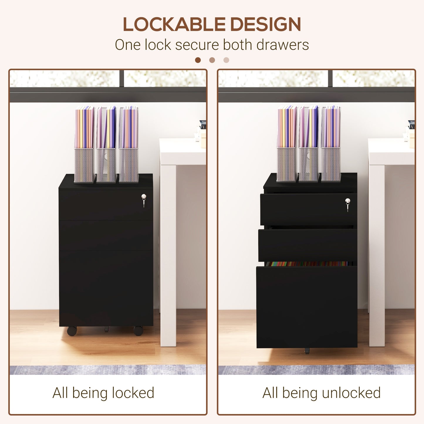 Vertical Steel Filing Cabinet on Wheels, 3-Drawer Lockable File Cabinet with Adjustable Hanging Bar for A4, Legal and Le