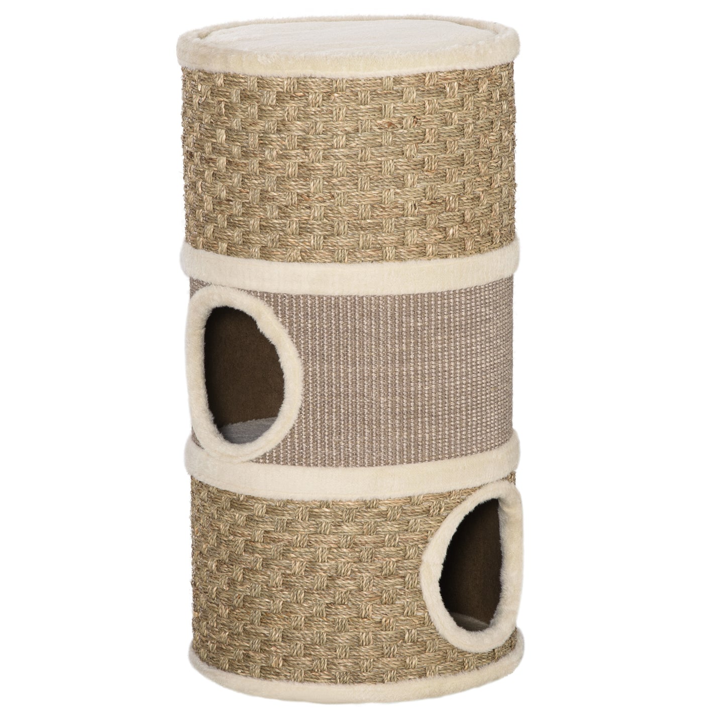 Cat Condo 3 Story Three Holes with Sisal Seaweed Scratching Cover Surface, Cat Tower for Indoor Cats, 15" x 28", Khaki a