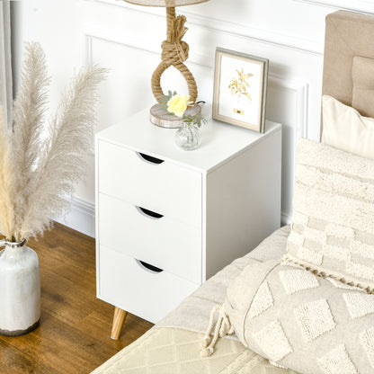 Bedside Table, Modern Nightstand with 3 Drawers, Side End Table with Wood Legs for Living Room, Bedroom, White