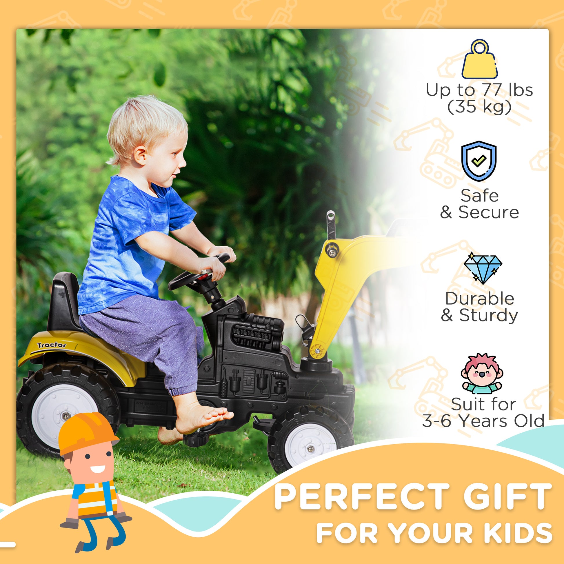 VarietyKart Ride on Tractor for Kids, Pedal Excavator Ride on Toy with Controllable Front Bucket for 3 Years Old, Yellow