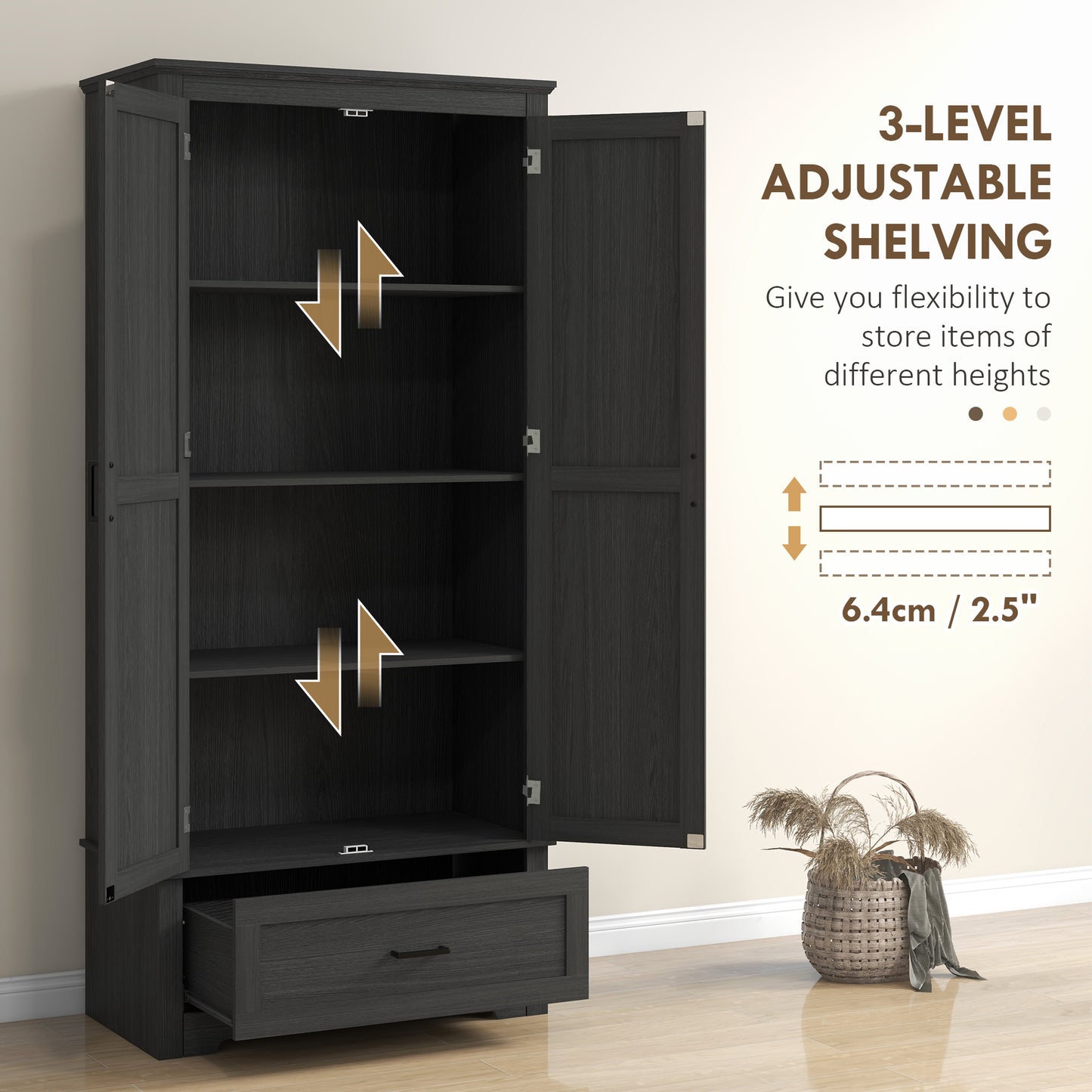 69" Tall Farmhouse Kitchen Pantry Cabinet with 2 Doors, Drawer and Adjustable Shelves, Black Wood Grain