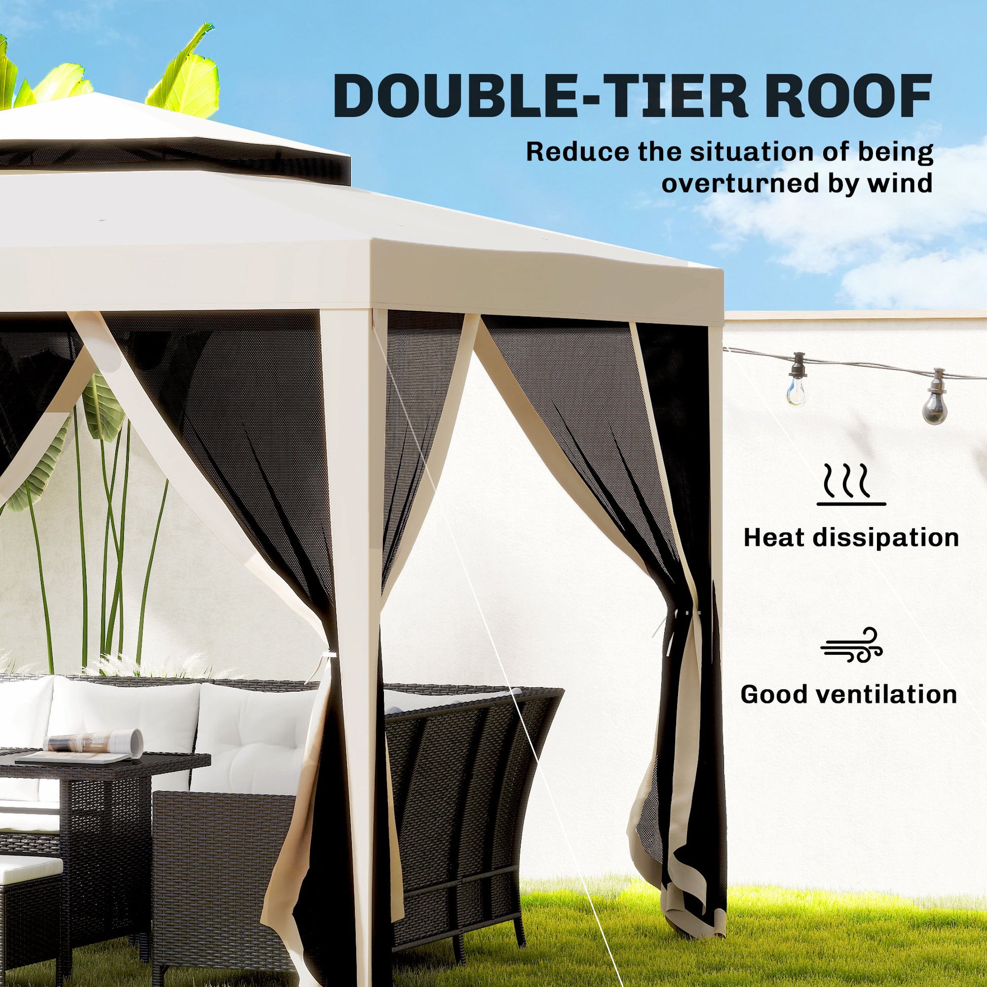 10' x 10' Outdoor Canopy Tent Party Tent with Mesh Netting and Double Tier Roof for Backyard, Garden, Patio, Beige