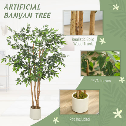 5FT Artificial Banyan Tree Set of 2, Fake Potted Tree with Solid Wood Trunk and Pot for Indoor