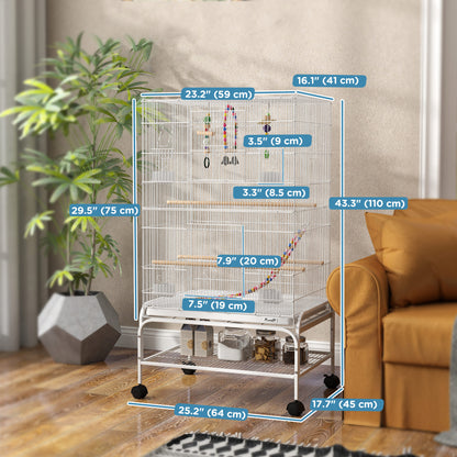 43" Bird Cage with Rolling Stand, Toys, for Budgies Canaries White