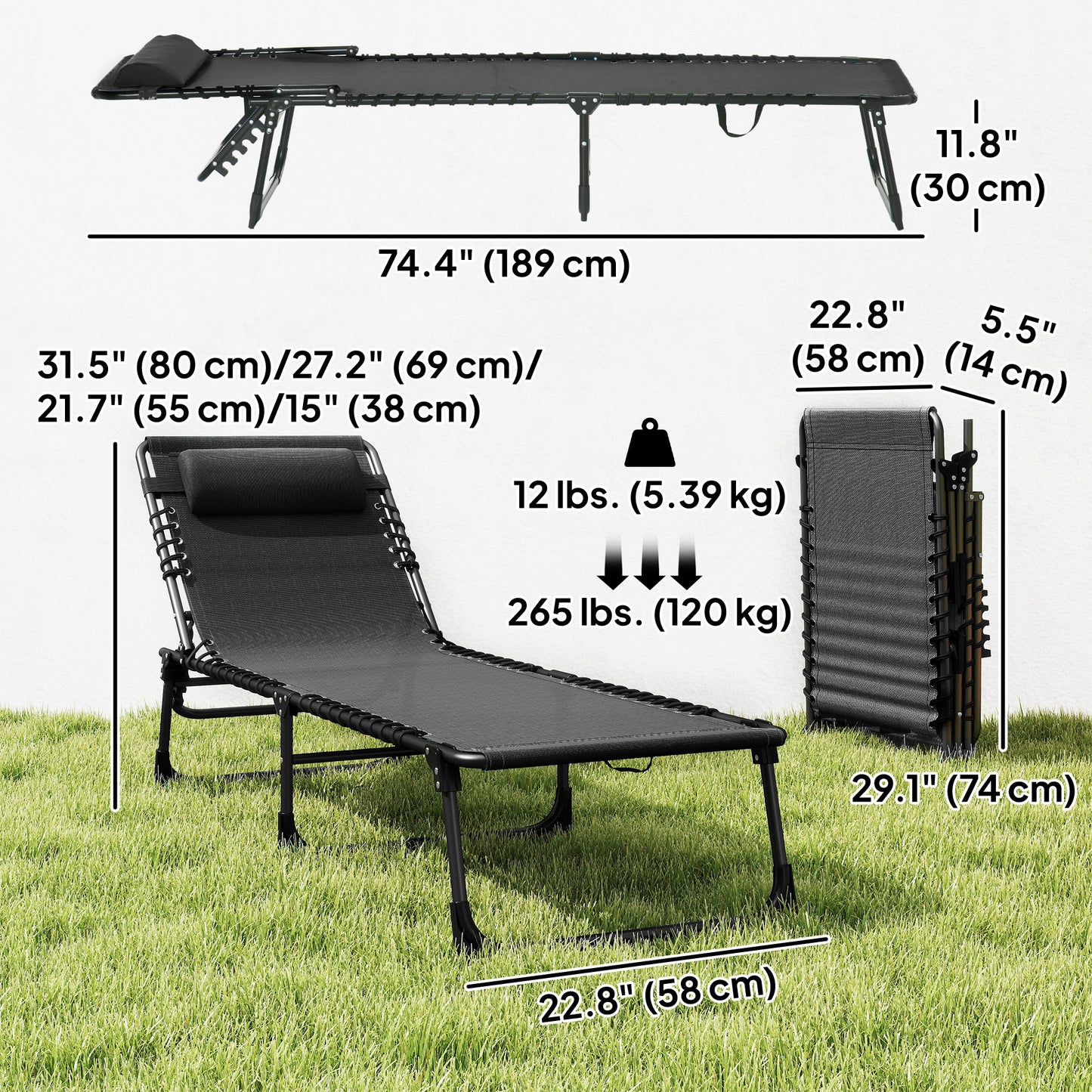 Outdoor Folding Lounge Chair, 4-Level Adjustable Chaise Lounge with Headrest, Tanning Chair Beach Bed Reclining Lounger 