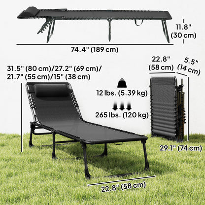 Outdoor Folding Lounge Chair, 4-Level Adjustable Chaise Lounge with Headrest, Tanning Chair Beach Bed Reclining Lounger 