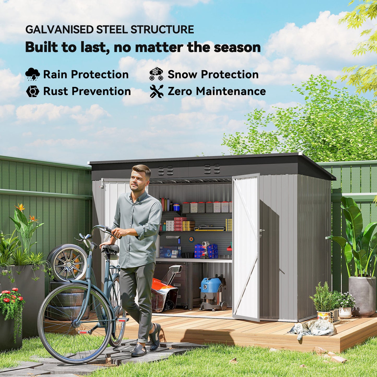 9' x 4' Galvanized Steel Garden Storage Shed with Lockable Doors, Gloves and 2 Air Vents for Backyard, Patio, Lawn