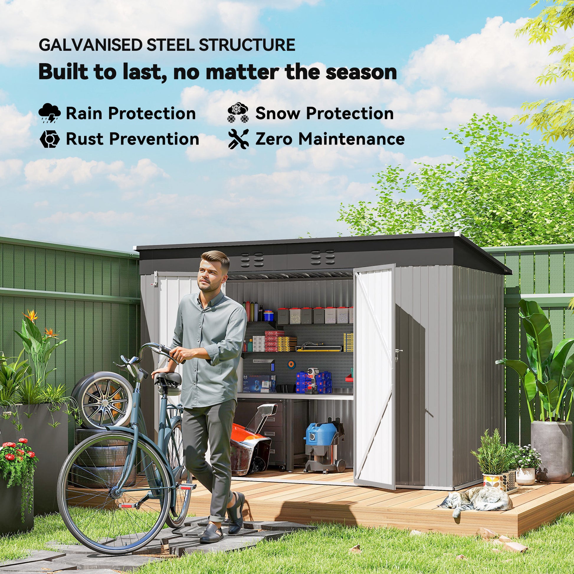 9' x 4' Galvanized Steel Garden Storage Shed with Lockable Doors, Gloves and 2 Air Vents for Backyard, Patio, Lawn