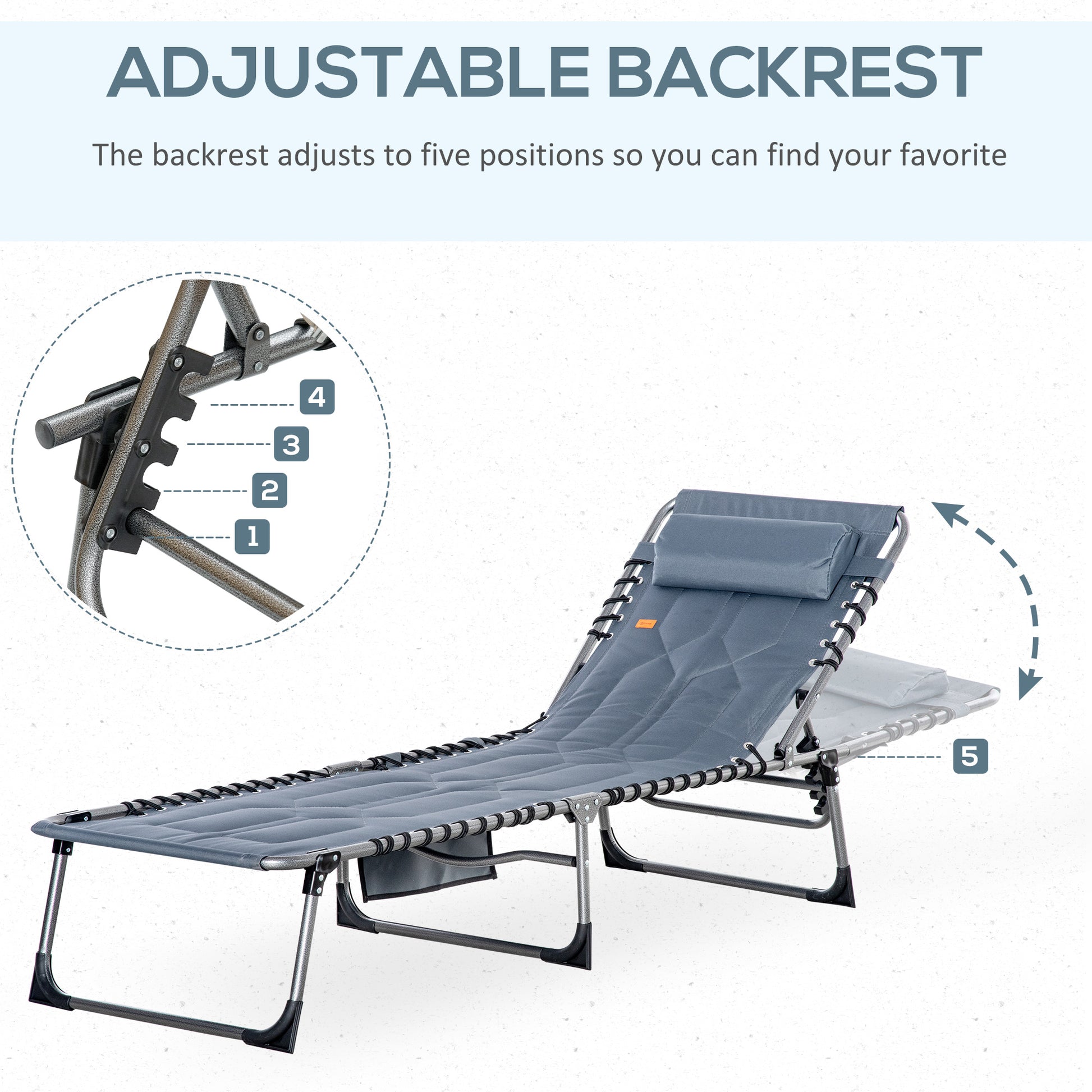 Outdoor Lounge Chair, Folding Chaise Lounge, Patio Padded Tanning Chair with 5-position Adjustable Backrest, Pillow and 