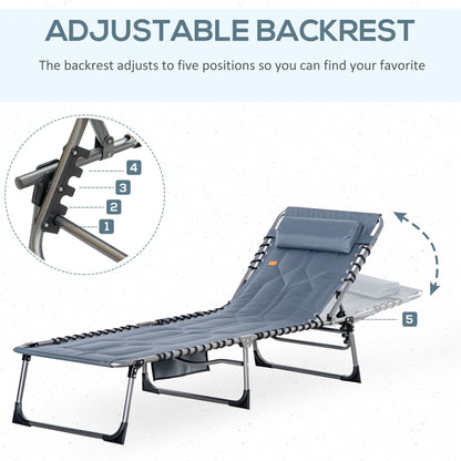 Outdoor Lounge Chair, Folding Chaise Lounge, Patio Padded Tanning Chair with 5-position Adjustable Backrest, Pillow and 