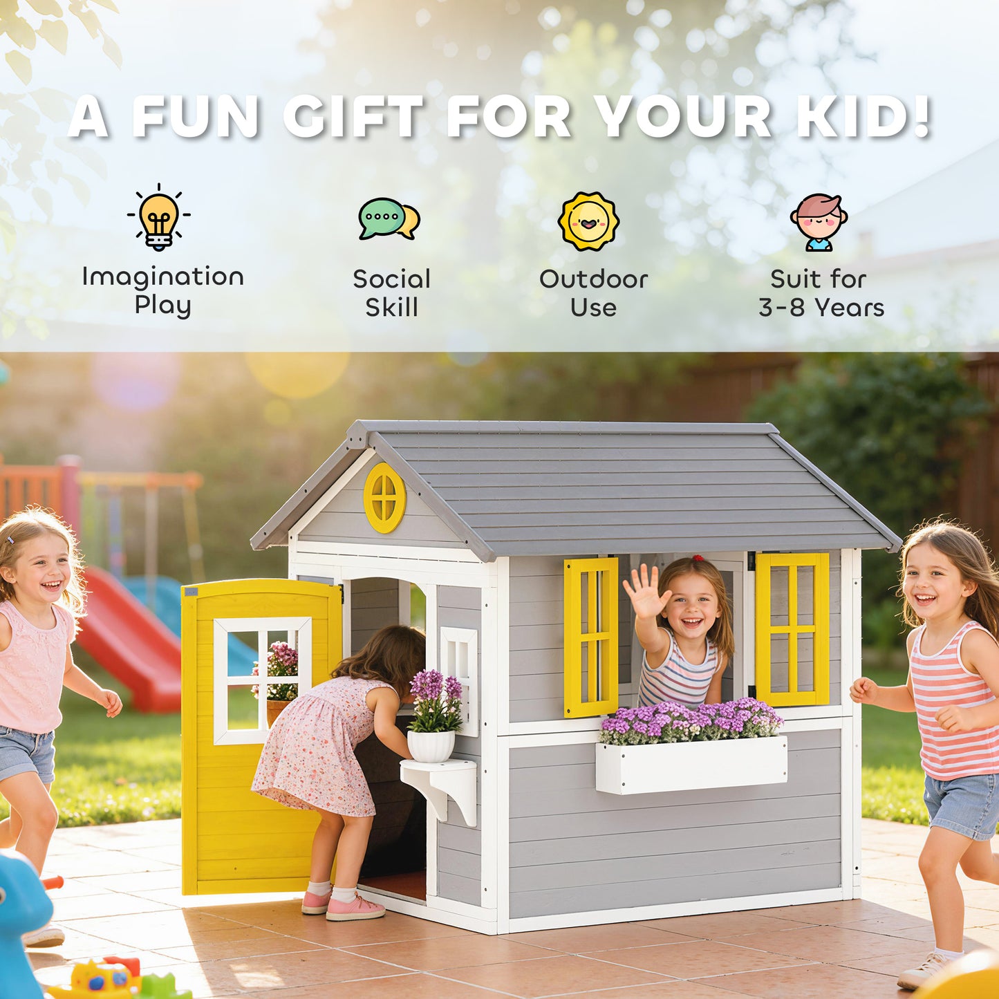 Wooden Playhouse for Kids Outdoor with Door, Windows, Planter Pots and Boxes for Toddlers 3-8 Years, Grey