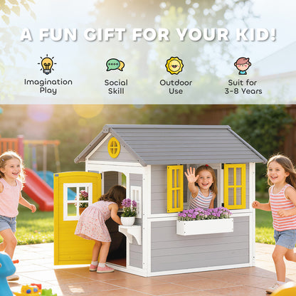 Wooden Playhouse for Kids Outdoor with Door, Windows, Planter Pots and Boxes for Toddlers 3-8 Years, Grey