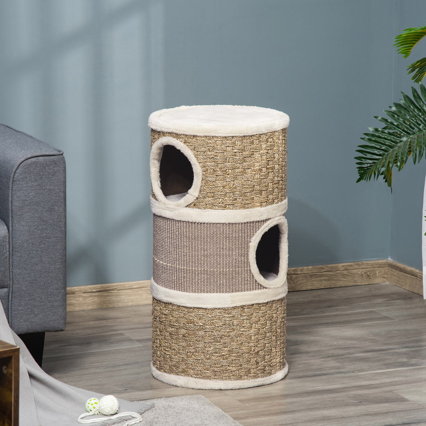 Cat Condo 3 Story Three Holes with Sisal Seaweed Scratching Cover Surface, Cat Tower for Indoor Cats, 15" x 28", Khaki a