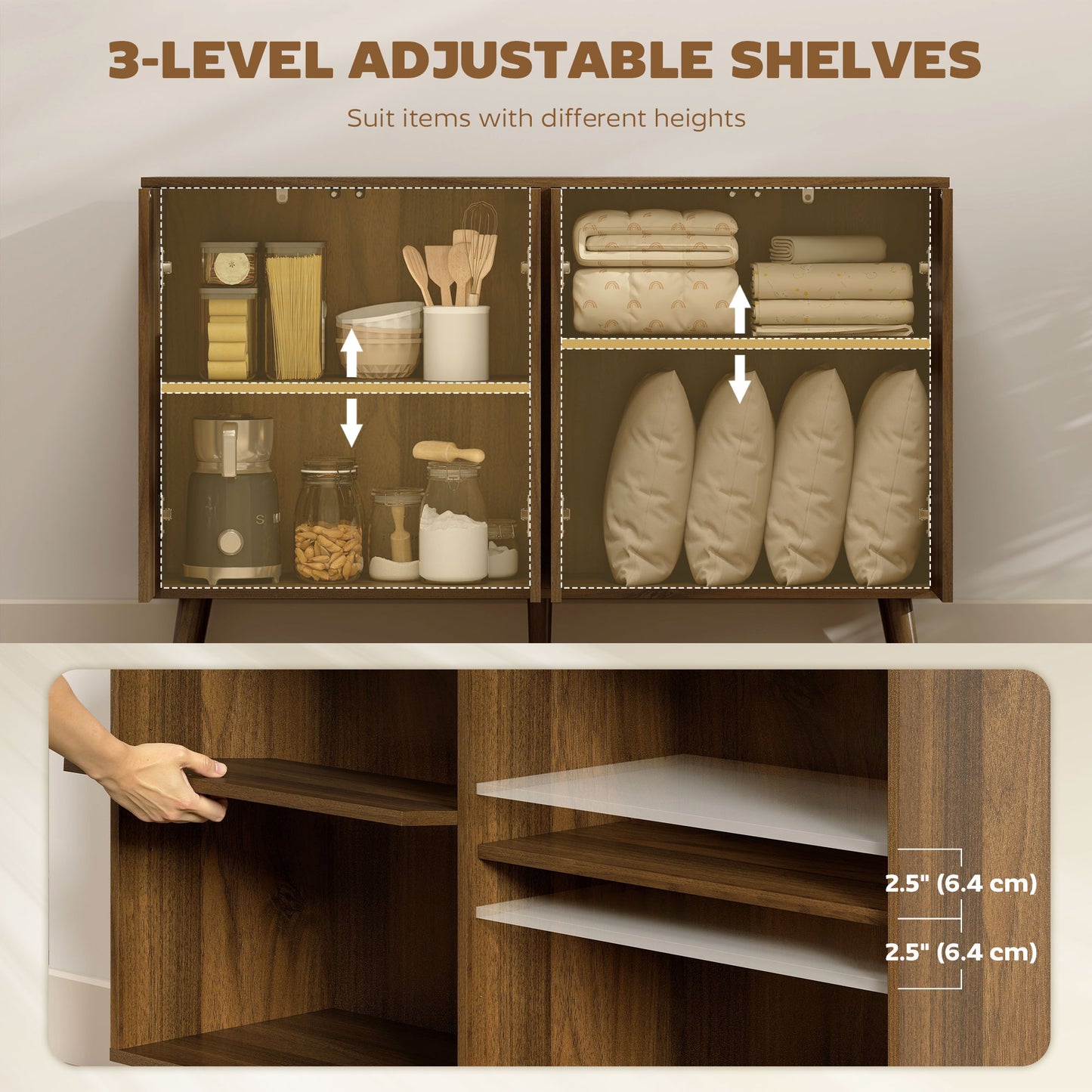 Buffet Cabinet with Storage, Modern Fluted Sideboard with Adjustable Shelves for Dining Room Living Room, Dark Brown