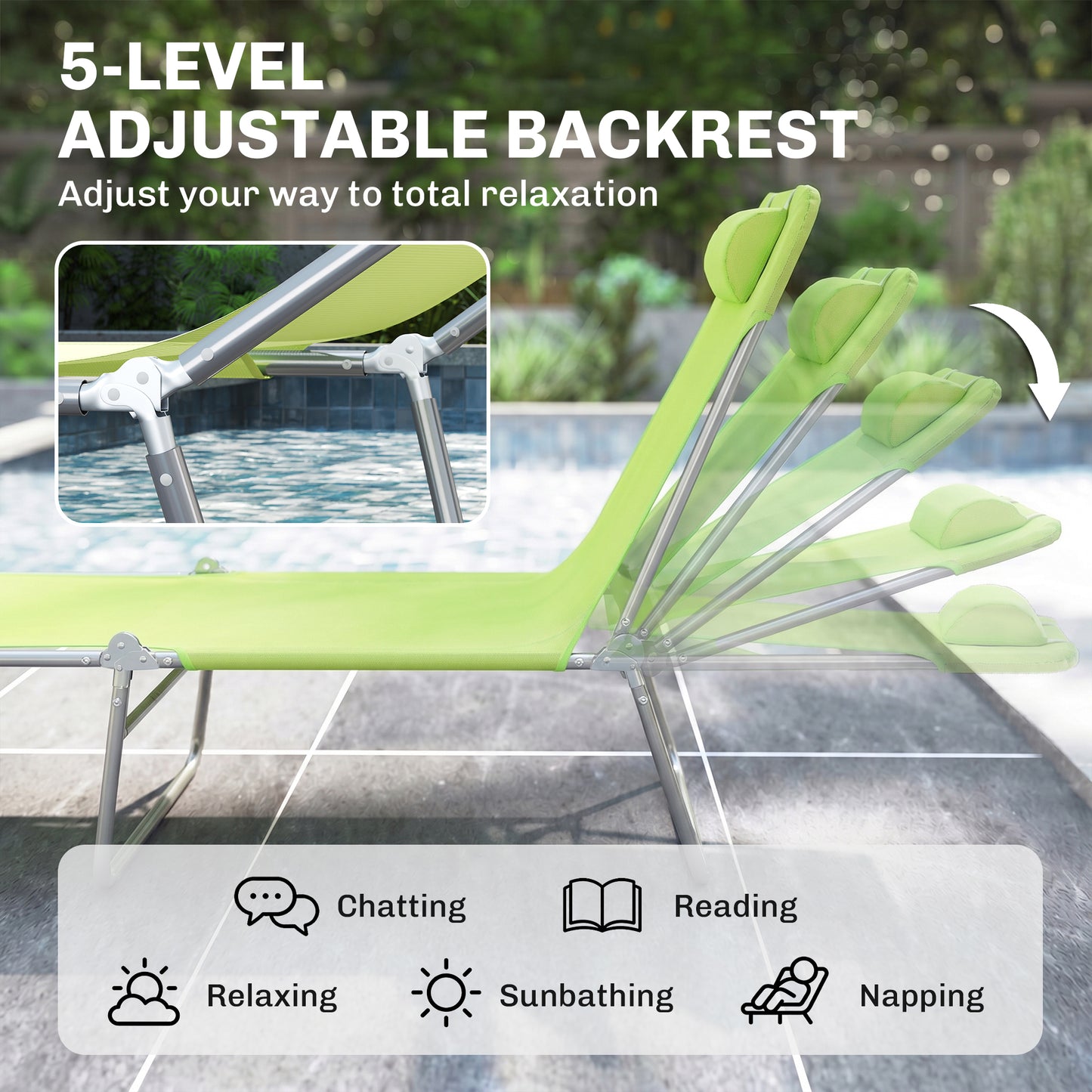 Outdoor Lounge Chair, Portable Adjustable Reclining Seat Folding Chaise Lounge Patio Camping Beach Tanning Chair Bed wit