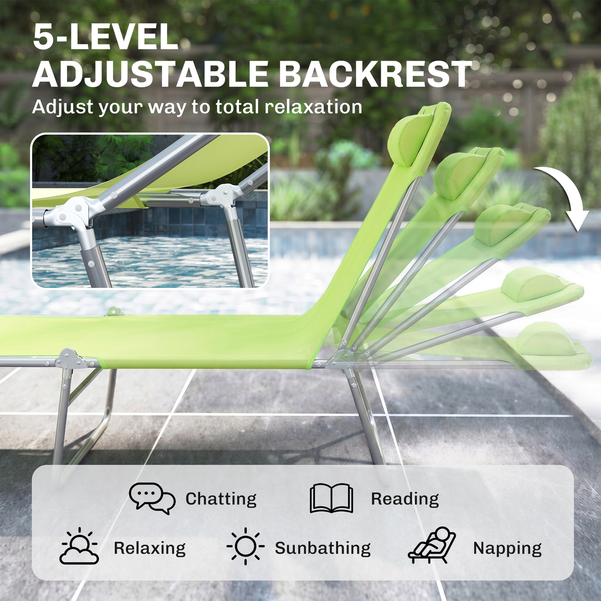 Outdoor Lounge Chair, Portable Adjustable Reclining Seat Folding Chaise Lounge Patio Camping Beach Tanning Chair Bed wit