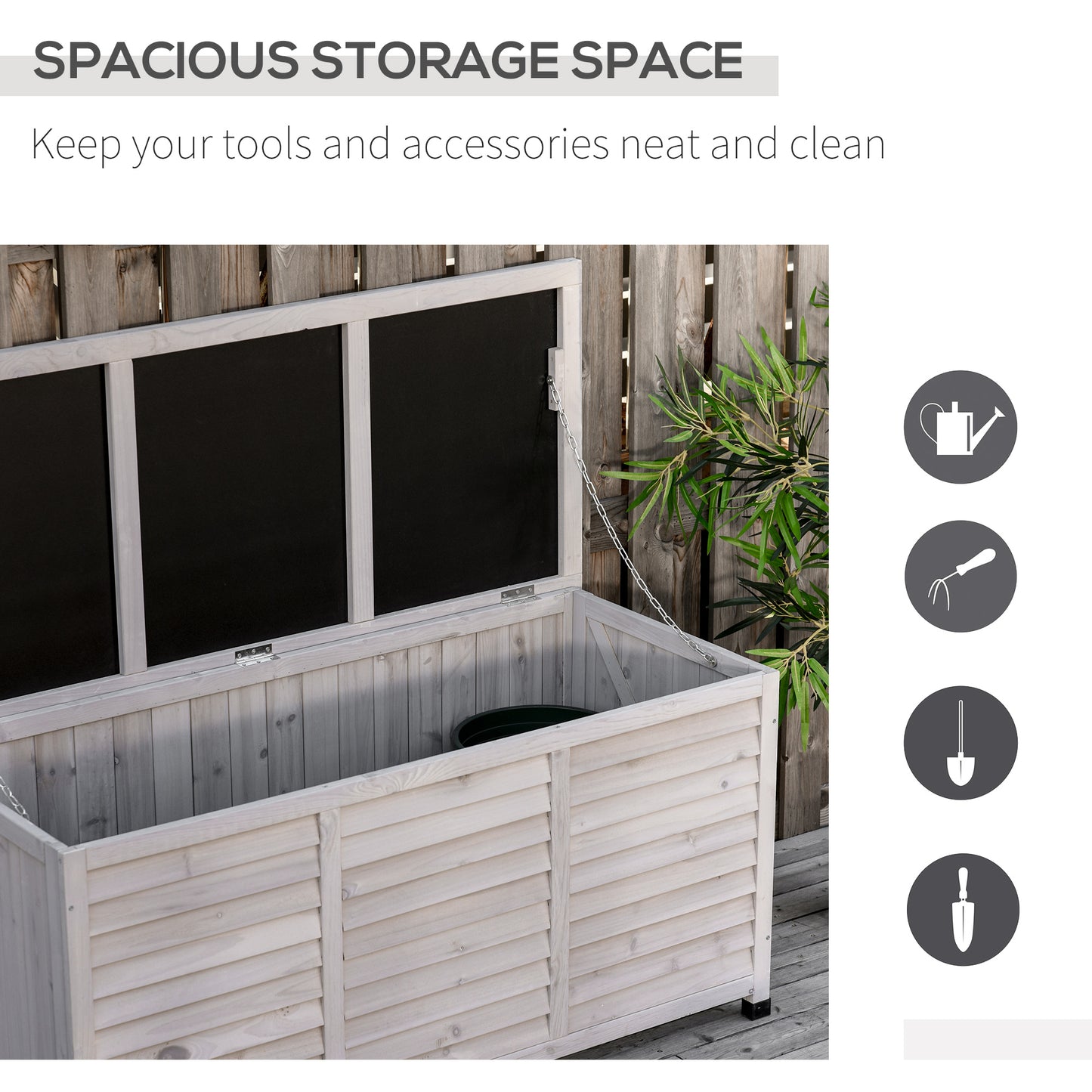 75 Gallon Wooden Storage Box patio Deck Box Bench, Garden Backyard Outdoor Storage Container with Aerating Gap & Weather