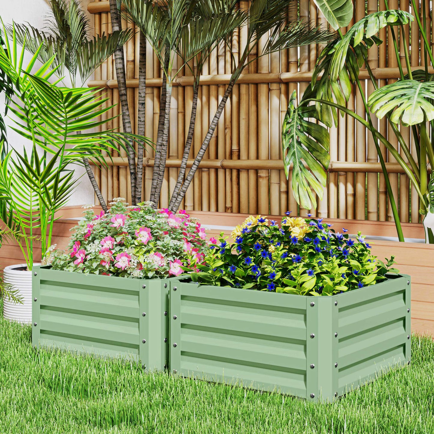 2Pcs 2' x 2' x 1' Galvanized Raised Garden Bed Kit, Square Outdoor Metal Planter Box with Open Bottom for Vegetables, Fl